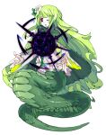  1girl demon demon_girl dress flower funamusea green_snake grey_hair haiiro_teien hair_flower hair_ornament highres knifedragon one_eye_closed red_eyes sin_(haiiro_teien) snake_girl solo white_dress white_flower 