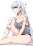  1girl absurdres black_panties breasts camisole cleavage collarbone fuyutsuki_(kancolle) grey_camisole grey_eyes grey_hair highres kantai_collection kiritto large_breasts leg_up long_hair looking_to_the_side open_mouth panties sidelocks simple_background sitting solo underwear white_background wristband 