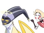 adam_(hazbin_hotel) angel angel_humanoid clothed clothing cross-popping_vein demon demon_humanoid duo fallen_angel halo hazbin_hotel horn humanoid kkongchi06 lucifer_(hazbin_hotel) male simple_background tongue tongue_out white_background wings
