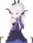  1girl black_horns blue_archive blush closed_mouth dangle_earrings demon_horns demon_wings dress earrings elbow_gloves gloves grey_hair highres hina_(blue_archive) hina_(dress)_(blue_archive) horns hoshiya_takahito jewelry long_hair multiple_horns necklace official_alternate_costume official_alternate_hairstyle purple_dress purple_eyes purple_gloves purple_wings simple_background solo strapless strapless_dress white_background wings 