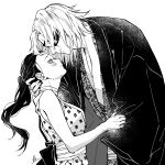  1boy 1girl amputee and_rira bandaged_neck bandages bare_arms bare_shoulders blush breasts clothes_grab couple crystal earrings eyepatch facing_another from_side greyscale hair_pulled_back hand_on_another&#039;s_head haori height_difference hetero hinatsuru_(kimetsu_no_yaiba) husband_and_wife imminent_kiss injury japanese_clothes jewelry kimetsu_no_yaiba kimono long_hair long_sleeves looking_at_another looking_up monochrome ponytail profile short_hair signature simple_background sleeveless sleeveless_kimono smile upper_body uzui_tengen 
