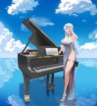  absurdres blue_hair blue_sky braid breasts bridal_garter cloud crown_braid dress ds earrings evening_gown goddess_of_victory:_nikke grand_piano helm_(nikke) high_heels highres instrument jewelry large_breasts legs necklace no_panties piano revealing_clothes sandals shallow_water sky strappy_heels toes water 