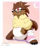 absurd_res anthro canid canine clothing diaper extremius_amphibious eyewear feces footwear glasses hi_res hoodie kneeling looking_at_viewer male mammal messy_diaper mobian_wolf sega shoes sitting smug snaggle_tooth soiling solo sonic_the_hedgehog_(series) topwear underwear were werecanid werecanine werewolf