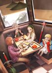  2boys 2girls blonde_hair burger camus_(dq11) casual cellphone child coffee contemporary cup dragon_quest dragon_quest_xi dress earrings eating fast_food food french_fries full_body grey_hair hairband hero_(dq11) highres jewelry jun_(navigavi) long_hair mcdonald&#039;s multiple_boys multiple_girls open_mouth phone senya_(dq11) sitting skirt slime_(dragon_quest) sword veronica_(dq11) weapon 