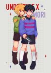  2boys alternate_eye_color basil_(faraway)_(omori) basil_(omori) black_footwear black_hair black_shorts blonde_hair blue_eyes blue_sweater blush boots brown_footwear brown_shorts caelilante chara_(undertale) chara_(undertale)_(cosplay) closed_mouth copyright_name cosplay frisk_(undertale) frisk_(undertale)_(cosplay) green_sweater hands_on_another&#039;s_shoulders highres holding holding_knife knife looking_at_another multiple_boys omori red_eyes shorts smile socks sunny_(omori) sweatdrop sweater white_socks 