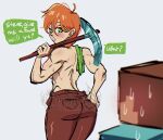  1girl alex_(minecraft) alternate_muscle_size azure_nimbus back english_text freckles green_eyes hand_on_own_hip highres holding holding_pickaxe looking_back minecraft muscular muscular_female orange_hair pickaxe ponytail steve_(minecraft) unworn_clothes white_background 