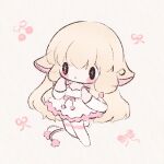  1girl blonde_hair cherry chibi chii chobits dress food frills fruit hair_tubes highres jenny_(jennybunni) long_hair mob_face pink_ribbon pink_trim pom_pom_(clothes) ribbon robot_ears simple_background socks solid_oval_eyes solo very_long_hair white_background white_dress white_socks 