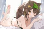  1girl animal_ears bed_sheet bikini black_choker blush breasts brown_eyes brown_tail choker collarbone commentary_request crossed_bangs curtains eyelashes feet feet_up full_body green_bikini hair_ornament hands_up honda_poko indie_virtual_youtuber kagemoe1003 leaf_hair_ornament looking_at_viewer lying medium_breasts on_bed on_stomach parted_bangs pillow raccoon_ears raccoon_girl raccoon_tail sidelocks smile soles solo swimsuit tail thighs toenails toes virtual_youtuber window 