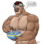anthro big_nipples big_pecs black_nipples blush blush_lines bodily_fluids bovid bovine cattle cereal dairy_products food hi_res lactating male male/male male_lactation mammal muscular muscular_anthro muscular_male nipples pecs solo vju79