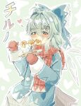  1girl absurdres ahoge blue_bow blue_eyes blue_hair blue_jacket blush bow buttons cirno dango eating fang food frilled_bow frills hair_between_eyes hair_bow hair_intakes hair_ornament heart highres jacket medium_hair mitarashi_dango mittens plaid plaid_scarf plaid_skirt pom_pom_(clothes) red_mittens scarf skin_fang skirt spoken_heart tareme thick_eyebrows touhou twitter_username wagashi white_background wwparasi x_hair_ornament 