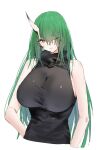  1girl arknights bare_shoulders black_shirt breasts commentary_request cropped_torso green_eyes green_hair highres horn/wood horns hoshiguma_(arknights) huge_breasts looking_at_viewer one_eye_closed shirt simple_background single_horn skin-covered_horns sleeveless sleeveless_shirt solo turtleneck turtleneck_shirt upper_body white_background 