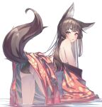  1girl all_fours animal_ear_fluff animal_ears ass bare_shoulders black_panties blush brown_eyes brown_hair clothes_lift fox_ears fox_girl fox_tail from_behind highres japanese_clothes kimono kimono_lift long_hair looking_at_viewer looking_back off_shoulder original panties red_kimono shiro_youduki solo tail thighs underwear water wet wet_kimono 