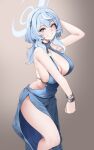  1girl ako_(blue_archive) ako_(dress)_(blue_archive) backless_dress backless_outfit bare_shoulders blue_archive blue_dress blue_eyes blue_hair blush bracelet breasts cleavage dress grin hair_between_eyes hairband halo highres jewelry large_breasts looking_at_viewer medium_hair noir_(4chan) sideboob smile solo 