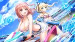  2girls bare_arms bare_legs bare_shoulders bikini blonde_hair blue_eyes blue_sky breasts cleavage cloud dead_or_alive dead_or_alive_xtreme dolphin_wave frilled_skirt frills gun hair_between_eyes hair_ribbon highres holding holding_gun holding_weapon honoka_(doa) jet_ski large_breasts light_smile long_hair marie_rose multiple_girls navel ocean official_art ootomo_takuji open_mouth pink_hair pleated_skirt red_eyes ribbon side_ponytail skirt sky small_breasts smile swimsuit twintails weapon 