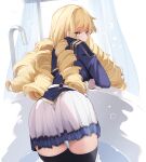  1girl absurdres ass ass_focus bathtub black_thighhighs blue_jacket breasts drill_hair faucet feet_out_of_frame from_behind hair_between_eyes highres in_water indoors jacket kage_no_jitsuryokusha_ni_naritakute! large_breasts long_bangs long_hair looking_at_viewer looking_back midgar_academy_school_uniform rose_oriana school_uniform skirt solo thighhighs white_skirt yellow_eyes zelef0302 zettai_ryouiki 