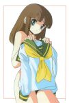  1980s_(style) 1girl absurdres aqua_eyes bangs brown_hair cream_lemon escalation framed_image highres holding holding_clothes holding_shirt long_hair looking_at_viewer official_art retro_artstyle scan shirt smile solo 