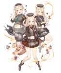  3girls animal_ears blonde_hair blue_little_pig_(sinoalice) cake cake_slice candy checkerboard_cookie chocolate cookie cream_puff cup cupcake doughnut food green_little_pig_(sinoalice) holding holding_cup holding_food holding_saucer macaron midriff multiple_girls official_art orangette pig_ears pig_girl red_little_pig_(sinoalice) saucer siblings sinoalice sisters teacup thumbprint_cookie wrapped_candy 