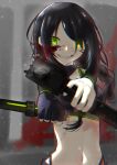  aiming_at_viewer black_hair blood braid fingerless_gloves girls_frontline gloves green_eyes green_trim grin gun highres holding holding_gun holding_knife holding_weapon knife mac-10 mac-10_(girls_frontline) navel side_braid smile smoke smoking_gun stitches stomach submachine_gun user_xrjd5332 weapon 