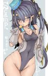  1girl aqua_eyes ass_visible_through_thighs black_hair blue_hair breasts competition_swimsuit covered_navel cowboy_shot dark_blue_hair elbow_gloves garrison_cap gloves groin hair_ornament hat highleg highleg_swimsuit highres kantai_collection licking looking_at_viewer military_hat okiraku_nikku one-piece_swimsuit open_mouth scamp_(kancolle) shorts side_ponytail sideboob simple_background small_breasts solo standing star_(symbol) star_hair_ornament swimsuit two-tone_swimsuit v white_gloves wide_hips 