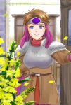  1girl armor belt blue_eyes brown_hair cleo_(suikoden) door gensou_suikoden gensou_suikoden_i headband highres looking_at_viewer open_mouth short_hair smile solo very_short_hair yomogiokusuri 