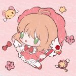  1girl ahoge bow brown_hair cardcaptor_sakura chibi dress feathered_wings flower fuuin_no_tsue green_eyes hat highres holding jenny_(jennybunni) kero kinomoto_sakura magical_girl mob_face open_mouth pink_background pink_bow pink_dress pink_flower pink_headwear red_footwear short_hair simple_background smile solid_oval_eyes solo star_(symbol) wand wings 