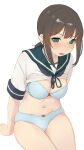  1girl alternate_breast_size arm_support blue_bra blue_neckerchief blue_panties blush bra breasts brown_hair cleavage clothes_lift commentary_request cowboy_shot embarrassed fubuki_(kancolle) green_eyes green_sailor_collar highres kantai_collection looking_at_viewer low_ponytail medium_breasts medium_hair midriff navel neckerchief no_pants open_mouth panties partially_undressed ribbon_panties sailor_collar sakieko school_uniform serafuku shirt shirt_lift short_sleeves sidelocks simple_background sitting solo thighs underwear white_background white_shirt 