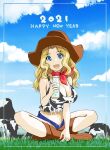  1girl 2021 :d animal_print blonde_hair blue_eyes blue_shirt blue_sky boots border bottle breasts brown_footwear brown_headwear cleavage cloud cloudy_sky commentary_request cow cow_print cowboy_boots cowboy_hat day emblem english_text eyebrows_visible_through_hair fringe_trim girls_und_panzer hair_intakes happy_new_year hat holding holding_bottle japanese_tankery_league_(emblem) kay_(girls_und_panzer) large_breasts long_hair looking_at_viewer midriff milk_bottle navel new_year open_fly open_mouth outdoors partial_commentary print_shirt red_bandana shirt sitting sky smile solo tank_top yurikuta_tsukumi 