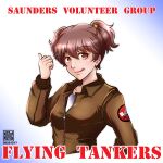  1girl :q alisa_(girls_und_panzer) artist_logo brown_eyes brown_hair brown_jacket commentary cropped_torso dated emblem english_text freckles girls_und_panzer girls_und_panzer_ribbon_no_musha hair_ornament jacket licking_lips long_sleeves looking_at_viewer military_uniform nishi_itsumi partially_unzipped saunders_military_uniform shirt short_hair short_twintails solo star_(symbol) star_hair_ornament thumbs_up tongue tongue_out twintails undershirt uniform white_shirt 