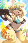 3_fingers anthro artist_name beach big_breasts bikini biped blonde_hair blue_highlights blush body_blush breasts brown_body brown_fur cheek_tuft clothing cloud commissioner_name countershade_fur countershading covering covering_eyes covering_face diegetic_signature english_text eyebrow_through_hair eyebrows facial_tuft felid feline felis female fingers fur gun hair hi_res highlights_(coloring) holding_gun holding_object holding_weapon holographic_screen inner_ear_fluff japanese_text light mammal navel neck_tuft one_eye_closed open_mouth pawpads plant ranged_weapon sand sand_cat sea seaside short_hair ski solo standing stripes sunaneko_(sunaneko_zeon) sunlight swimwear text theta_k23 thick_thighs tongue translucent translucent_hair tree tuft water weapon white_body white_fur wink yellow_body yellow_fur