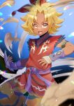  1boy :d blonde_hair blurry blurry_foreground blush brown_eyes collarbone commentary_request commission dark-skinned_male dark_skin depth_of_field kevin_(seiken_densetsu_3) kou_hiyoyo looking_at_viewer male_focus pants parted_bangs red_pants seiken_densetsu seiken_densetsu_3 skeb_commission sleeveless smile solo thick_eyebrows v-shaped_eyebrows 
