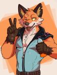 abs absurd_res anthro belt bodily_fluids canid canine clothing drooling epic_games fennix_(fortnite) fortnite fox fur gesture gloves green_clothing handwear hi_res latex latex_clothing looking_at_viewer male mammal mitsufoppie muscular one_eye_closed open_mouth orange_body orange_fur pecs saliva slap_juice solo spikes standing tongue tongue_out v_sign white_body white_fur yellow_eyes