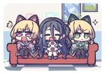  3girls :&lt; animal_ear_headphones animal_ears aris_(blue_archive) black_hair black_hairband blonde_hair blue_archive blue_halo blue_necktie border bow cat_ear_headphones checkered_floor chibi closed_eyes closed_mouth collared_shirt controller couch fake_animal_ears game_controller green_bow green_eyes green_footwear green_halo green_jacket hair_bow hairband halo headphones holding holding_controller holding_cushion holding_game_controller jacket long_hair long_sleeves midori_(blue_archive) momoi_(blue_archive) multiple_girls necktie open_mouth painting_(object) parted_bangs picture_frame pink_eyes pink_halo pink_jacket playing_games red_bow red_footwear shirt siblings sidelocks single_tear sitting smile sparkle spk_kei surprised tail twins very_long_hair white_border white_shirt 
