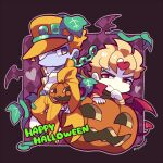  2boys alternate_skin_color belt black_border black_shirt blonde_hair blue_skin border chibi chibi_only coat colored_skin demon_tail demon_wings dio_brando fang food grey_eyes happy_halloween heart holding holding_food holding_pumpkin holding_vegetable jack-o&#039;-lantern jojo_no_kimyou_na_bouken kotorai kujo_jotaro male_focus multiple_boys no_nose orange_coat orange_hair orange_headwear orange_pants pants plant pumpkin red_coat red_eyes shirt signature smile tail v-shaped_eyebrows vegetable vines wings 