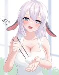  1girl absurdres animal_ears aogiri_koukou apron artist_logo blue_eyes blush bora_(karasumin0) breasts chopsticks cleavage collarbone dated highres holding holding_chopsticks long_hair lop_rabbit_ears naked_apron open_mouth rabbit_ears rice solo upper_body virtual_youtuber white_hair yamaguro_nekuro 