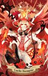  1boy absurdres balsang black_footwear blonde_hair colored_sclera demon demon_boy demon_horns demon_tail demon_wings evil_grin evil_smile fire grin hazbin_hotel highres horns lucifer_(hazbin_hotel) red_sclera sharp_teeth smile suit tail teeth white_headwear white_suit wings 