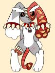 3:4 absurd_res alternate_color ambiguous_gender anthro black_sclera body_horror collar different_sized_pupils eyelashes fakemon fur generation_4_pokemon grey_body grey_fur hi_res jackrabbit_(artist) lock lopunny many_eyes nintendo orange_eyes parasite paws pokemon pokemon_(species) red_collar scar self-harm_scars self_harm_scars solo spade_tail spiked_collar spikes tail white_body white_fur