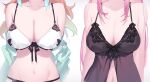  2girls babydoll breasts cleavage gradient_hair highres hololive hololive_english large_breasts lingerie long_hair mori_calliope multicolored_hair multiple_girls navel pink_hair takanashi_kiara underwear white_background yaguo 