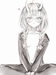  1girl ? absurdres ahoge blunt_bangs blush braid breasts collarbone covered_navel dot_nose glasses greyscale highres hololive horn_ornament horn_ribbon horns jacket long_hair long_sleeves looking_at_viewer low_twin_braids monochrome naked_jacket nakiri_ayame nakiri_ayame_(7th_costume) nanashi_(nlo) no_bra official_alternate_costume official_alternate_hairstyle open_clothes open_jacket pants parted_lips ribbon round_eyewear sitting sketch small_breasts solo teardrop-framed_glasses twin_braids v_arms virtual_youtuber 