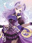  1girl absurdres black_gloves blush breasts cleavage detached_sleeves dress duel_monster frilled_dress frilled_gloves frills gloves hair_ornament highres long_hair merrybear musical_note musical_note_hair_ornament open_mouth pantyhose purple_dress purple_eyes purple_hair short_sleeves solo solsolfachord_gracia treble_clef yu-gi-oh! 