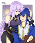  1boy 1girl alternate_costume bare_shoulders blue_eyes blue_hair blush breasts brother_and_sister captured corruption dark_persona evil_smile facial_mark fire_emblem fire_emblem:_genealogy_of_the_holy_war forehead_mark implied_incest julia_(fire_emblem) large_breasts long_hair open_mouth purple_hair red_eyes seliph_(fire_emblem) siblings smile yukia_(firstaid0) 