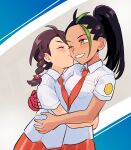  2girls black_hair braid brown_hair dark-skinned_female dark_skin fingerless_gloves freckles gloves green_hair juliana_(pokemon) kiss multicolored_hair multiple_girls naranja_academy_school_uniform necktie nemona_(pokemon) orange_necktie orange_shorts penguinbu pokemon pokemon_sv ponytail red_gloves school_uniform shirt shorts single_glove two-tone_hair upper_body white_shirt yuri 