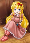  1girl absurdres blonde_hair blue_eyes blush boots bound bow braid breasts castlevania:_rondo_of_blood castlevania_(series) commission dress full_body hair_bow high_heel_boots high_heels highres long_hair looking_at_viewer maria_renard nao_takami open_mouth pink_dress shibari skeb_commission skirt solo tied_up_(nonsexual) twin_braids very_long_hair 