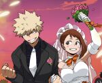  1boy 2girls alternate_costume asui_tsuyu bakugou_katsuki bangs blonde_hair blush_stickers boku_no_hero_academia breasts bride brown_eyes brown_hair clenched_hand clenched_teeth cloud collared_shirt commentary dailykrumbs english_commentary eye_contact eyelashes flower groom highres holding holding_hand jacket looking_at_another multiple_girls necktie outdoors pink_flower shirt sky smile spiked_hair teeth uraraka_ochako 