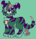 &lt;3 black_nose collar countershading exposed_brain eyelashes feral hi_res jackrabbit_(artist) jumpstart_games kougra male neopet_(species) neopets pawpads paws solo spine stitch_(sewing) stripes studded_collar tongue tongue_out undead x_eyes zombie