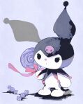  :o animal_focus candy commentary food full_body highres holding holding_candy holding_food holding_lollipop kuromi li04r lollipop looking_to_the_side no_humans pink_ribbon purple_background ribbon sanrio shadow skull solid_eyes standing wrapped_candy 
