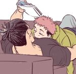  2boys bara black_hair couch couple itadori_yuuji jujutsu_kaisen large_pectorals lying male_focus multiple_boys muscular muscular_male on_back on_couch pectoral_pillow pectorals reading short_hair sleeping sleeping_on_person toudou_aoi_(jujutsu_kaisen) undercut wa_(chichi_chichin) yaoi 