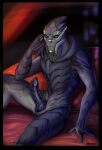 3033 alien animal_genitalia blue_eyes bodypaint erection face_paint genital_slit genitals hi_res looking_at_viewer male mass_effect nude penis presenting presenting_penis purple_body purple_penis savariis sitting slit solo turian