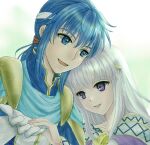  1boy 1girl blue_eyes blue_hair brother_and_sister circlet dress fire_emblem fire_emblem:_genealogy_of_the_holy_war gloves grey_hair headband highres holding_hands julia_(fire_emblem) long_hair open_mouth ponytail purple_eyes seliph_(fire_emblem) siblings simple_background takabaneaoi2 white_gloves white_headband 