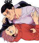  2boys bara black_hair blank_stare cheekbones couple gakuran head_tilt itadori_yuuji jujutsu_kaisen large_pectorals looking_at_viewer lying lying_on_person male_focus multiple_boys muscular muscular_male on_back partially_undressed pectoral_docking pectoral_press pectorals scar scar_across_eye school_uniform shirt short_hair sideburns t-shirt toudou_aoi_(jujutsu_kaisen) undercut wa_(chichi_chichin) yaoi 