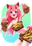  1girl :d absurdres alternate_hairstyle animal_ears claw_pose cosplay ear_covers fake_horns fang flower_in_eye freely2327 hair_down haru_urara_(umamusume) highres horns horse_ears horse_girl horse_tail long_hair looking_at_viewer midriff oni_costume pink_hair purple_eyes sakura_laurel_(oni_laurel)_(umamusume) sakura_laurel_(umamusume) sakura_laurel_(umamusume)_(cosplay) smile solo symbol_in_eye tail umamusume umamusume:_star_blossom 